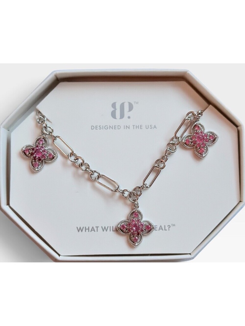 Bomb Party “The Rosalie Necklace” NK35843  Rose Corundum on Rhodium Clover Charm